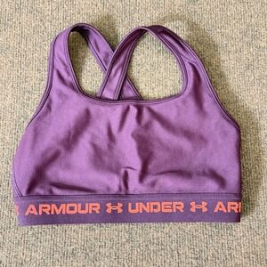 Under Armour Womens Mid Keyhole Sports Bra Purple Orange Logo Medium Compression